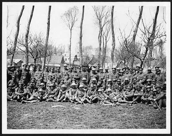 Black and white photograph. A large group of Newfoundlander soldiers pose for a regimental photo.